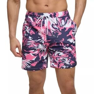 Calvin Klein Men M Pink Quick Dry UPF 50 Island Camo Elastic Waist Swim Trunks